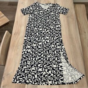 Pure Collection Abstract Print Blue White Maxi Dress Slit Short Sleeve Size 12